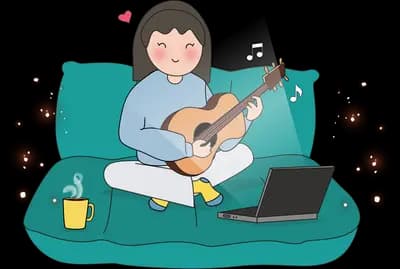 Woman on a sofa with a laptop among dark orbs
