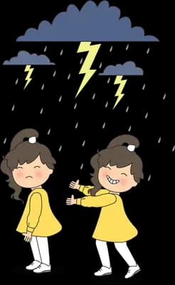 Two girls under a storm cloud with lightning