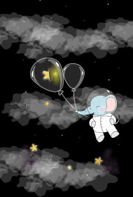 Small astronaut floating among faint stars