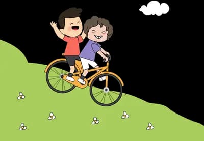 Two children cycling together down a green hill