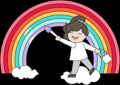 Boy painting a large rainbow on a cloud