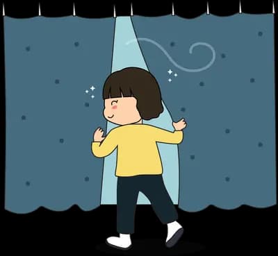 Girl stepping through dark curtains into light
