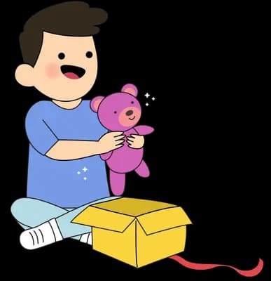 Man sitting with a teddy bear and open gift box