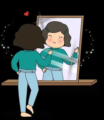 Two girls leaning together over a mirror