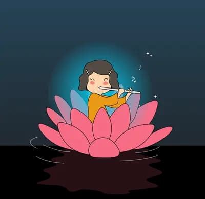 Girl reading on a glowing lotus at night
