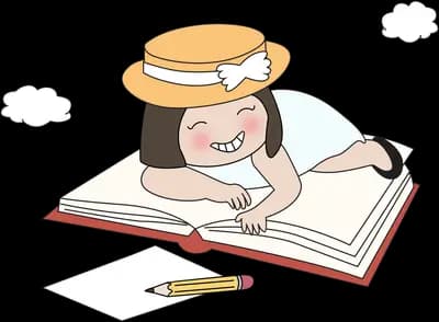 Girl in a straw hat lying on a giant open book with paper and pencil nearby