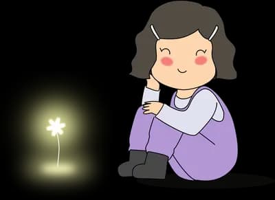 Girl in purple dungarees sitting hugging her knees beside a faint glowing light