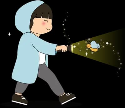 Girl in a hooded raincoat walking while carrying a glowing string of lights