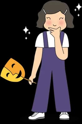 Girl in dungarees looking sad while lowering a smiling yellow mask