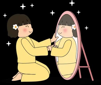 Girl kneeling before a standing mirror touching her own reflection