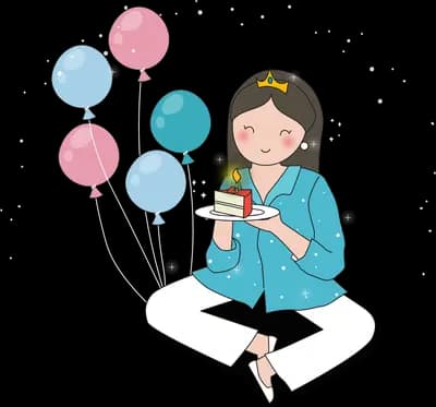 Girl in a paper crown sitting with a birthday cupcake among balloons