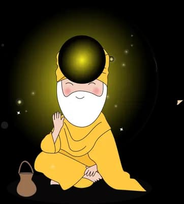 Bearded sage in saffron robes seated cross legged before a glowing halo
