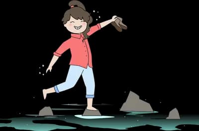 Girl in red hopping barefoot across stepping stones in a stream holding her shoes