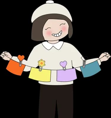 Girl in a beanie holding up a string of colourful gift bags