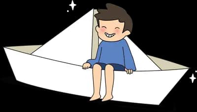 Boy sitting inside a large folded paper boat