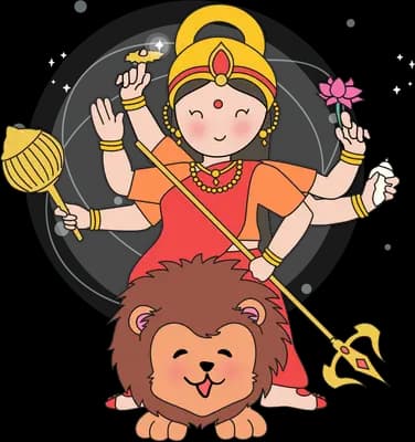 Many armed goddess durga with weapons standing over a lion