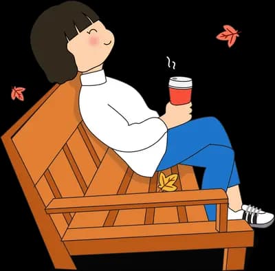 Girl lounging back on a wooden bench holding a takeaway cup among falling leaves