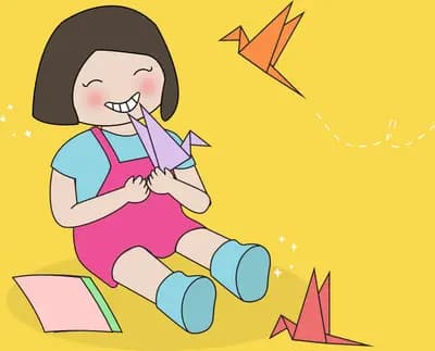 Small girl sitting playing with toys on a tall yellow panel as a bird flies past