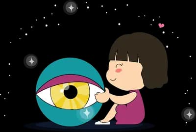 Girl sitting on the floor hugging a giant eyeball