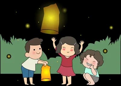 Three children releasing a glowing paper lantern into the night sky