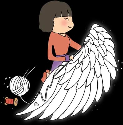 Girl knitting a giant white feathered wing from a ball of yarn