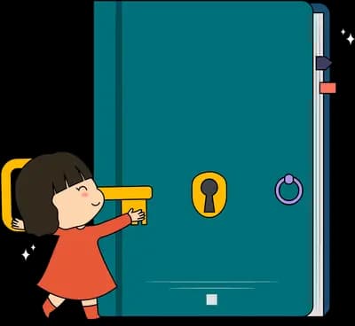 Girl holding a large key up to the lock on a giant teal diary