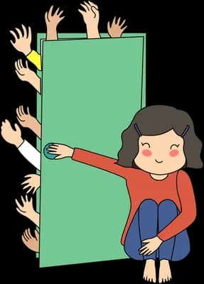 Girl bracing a green door shut against many hands reaching over it