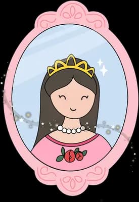 Girl in a crown and beaded necklace framed in an ornate pink oval portrait frame