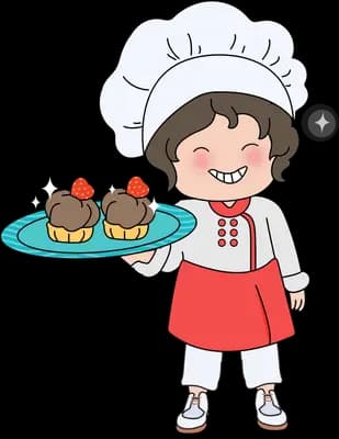 Girl in a chef hat and apron carrying a tray of frosted cupcakes
