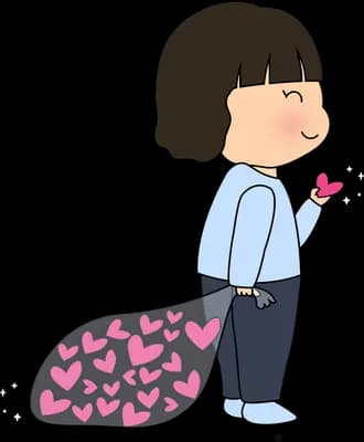Girl dragging a heart-patterned pink blanket while holding a small red heart