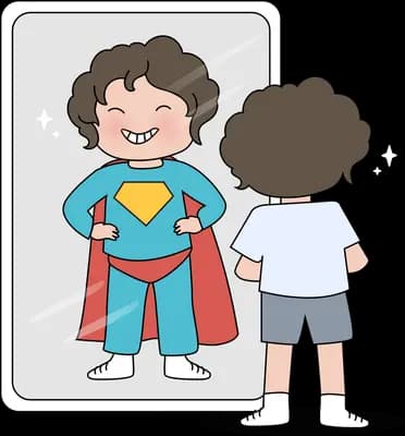 Boy looking into a mirror that reflects him as a caped superhero