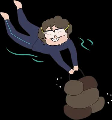 Boy in glasses leaping forward while dragging a heavy dark sack behind him