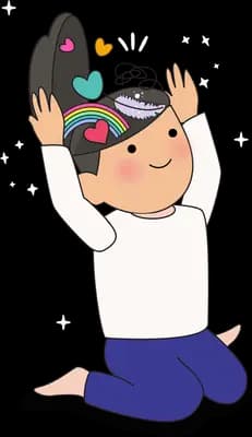 Boy kneeling and lifting a dark wig above his head with both hands