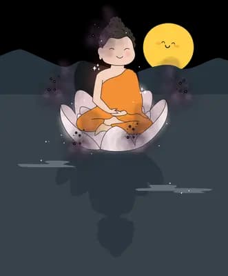 Figure in saffron robes meditating on a white lotus over dark water beside a full moon