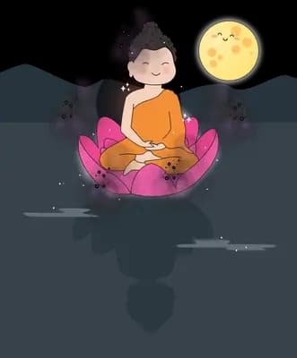 Figure in saffron robes meditating on a pink lotus over dark water beside a yellow moon