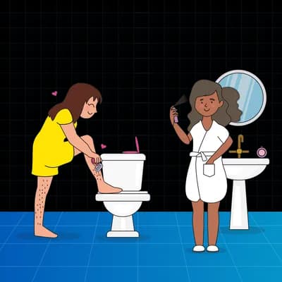 Pregnant woman leaning over a toilet while another woman in a robe stands by the sink