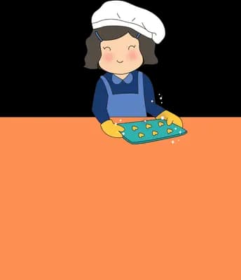 Girl in a chef hat holding a tray behind a blank orange panel