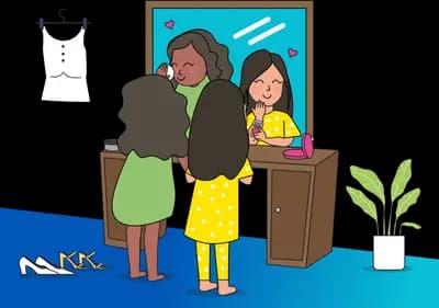 Women and a girl getting ready at a wooden dressing table with a large mirror