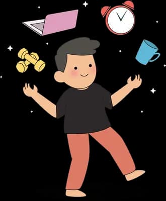 Man juggling a laptop alarm clock mug and dumbbells in mid air