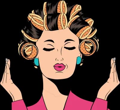 Woman with hair rollers and closed eyes raising both hands beside her face