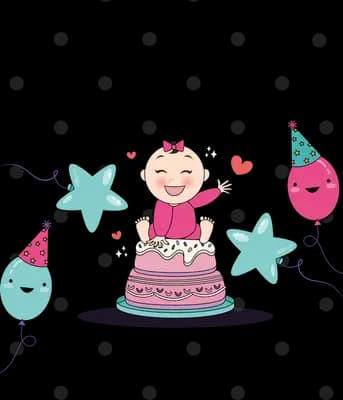 Small girl standing on a birthday cake surrounded by smiling star and balloon characters
