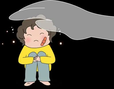 Boy standing with a grey rain cloud over his head and dark orbs floating around him