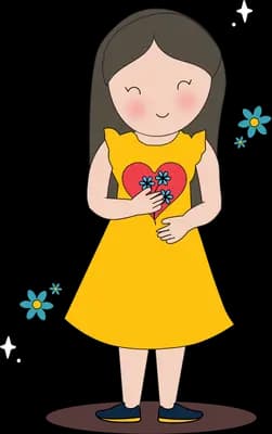 Girl in a yellow dress holding a red heart to her chest