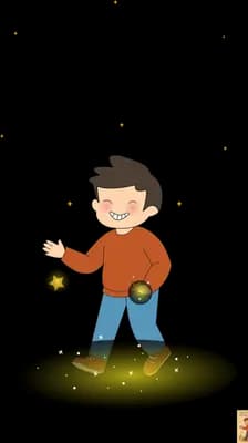 Boy standing on a glowing patch of ground juggling small golden orbs