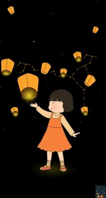 Girl in an orange dress releasing golden sky lanterns above her