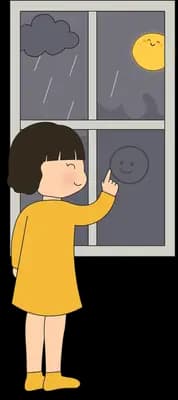 Girl standing at a window looking out at rain clouds and a moon
