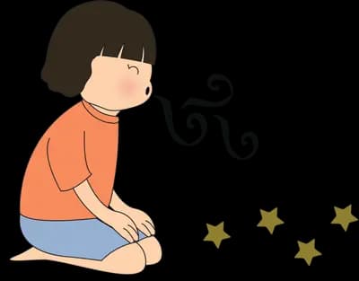 Girl kneeling on the floor beside a scattered trail of gold stars