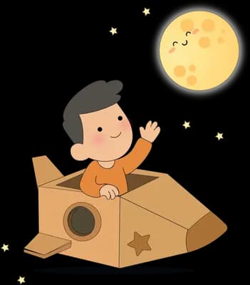 Boy sitting in a cardboard box rocket waving under a full moon and stars