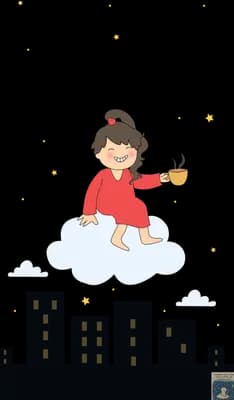 Girl standing on a small cloud floating above a grey city skyline