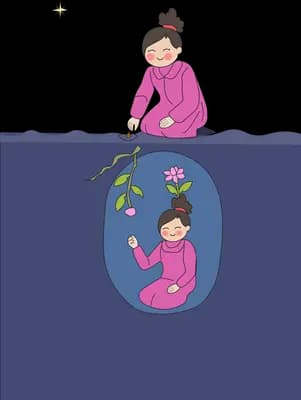 Woman sitting at the edge of dark water fishing while a mirrored self holds flowers below